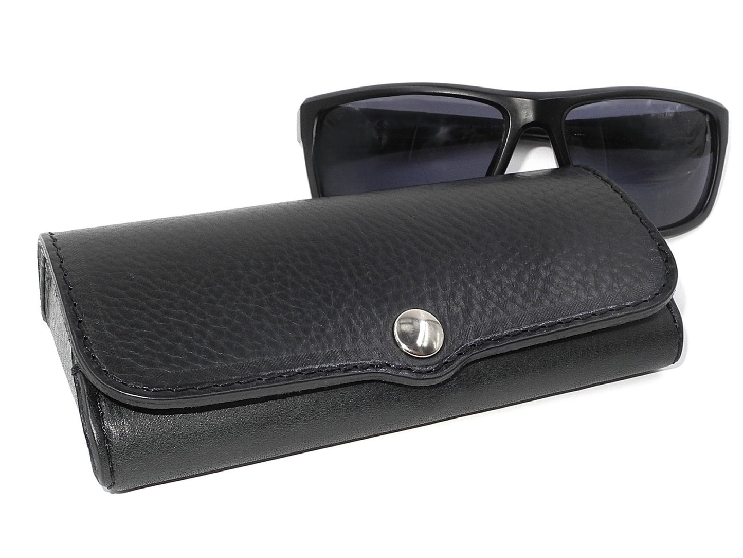 Hard Leather Eyeglass Case - Black/ Silver Button