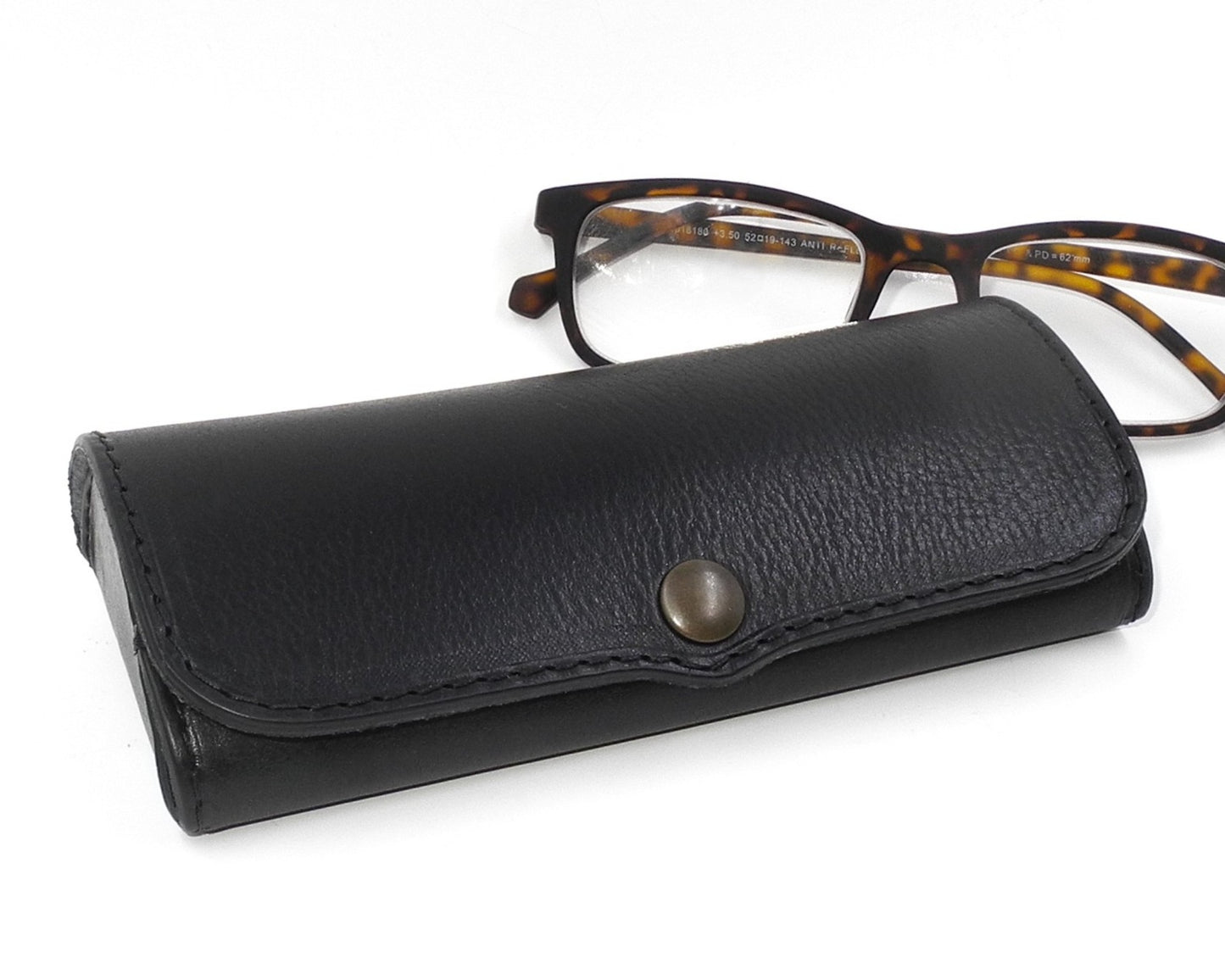 Hard Leather Glasses Case - Black/ Old Brass Button