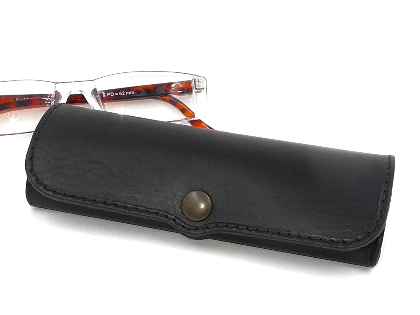 Hard Leather Glasses Case - Black/ Old Brass Button