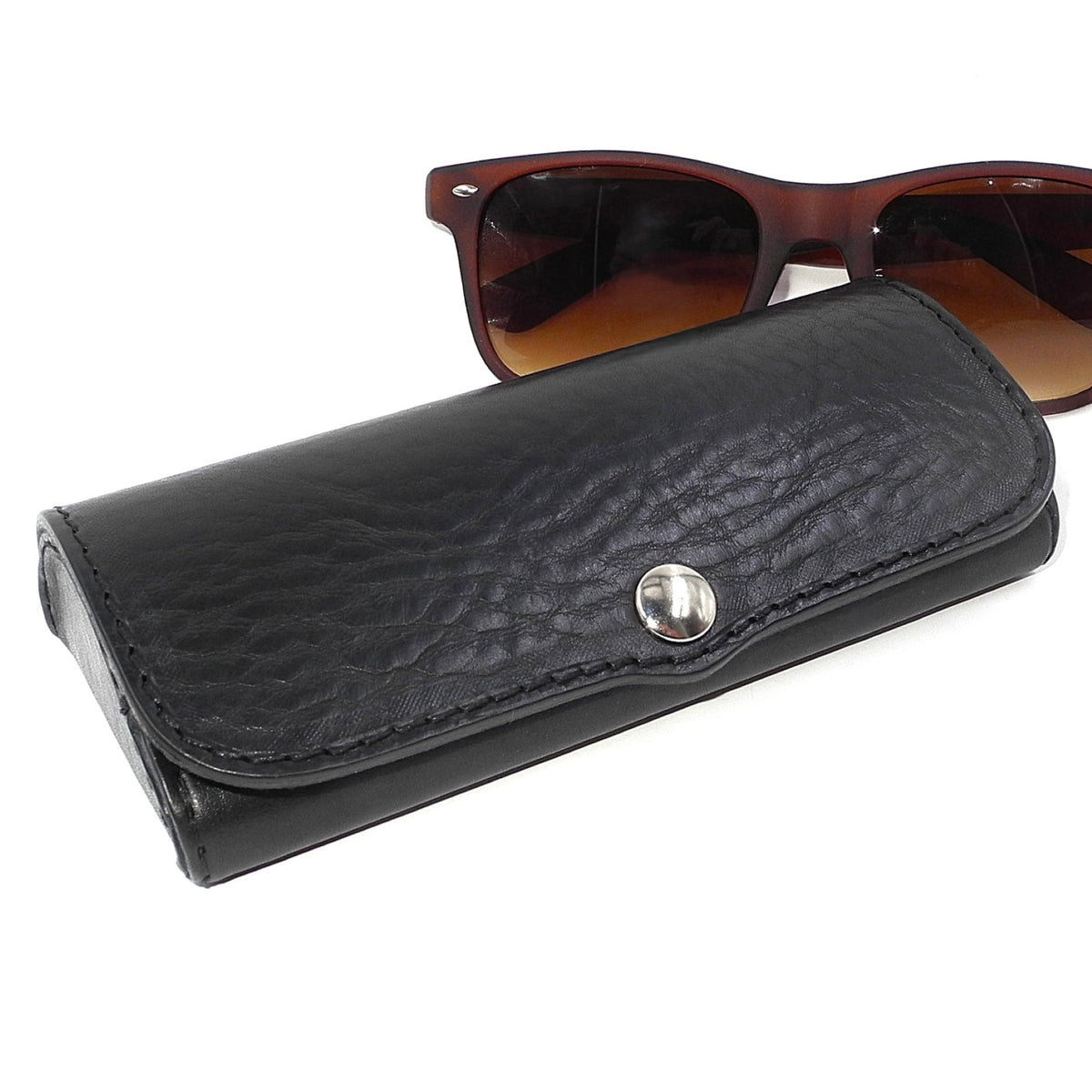 Hard Leather Glasses Case – Black / Silver-Tone Button